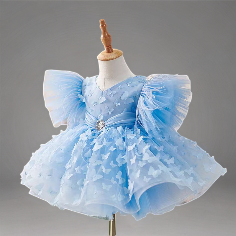 Blue Butterfly Appliqué Tulle Dress with V-Neckline – Plus Size Flower Girl Gown