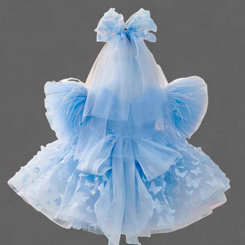 Blue Butterfly Appliqué Tulle Dress with V-Neckline – Plus Size Flower Girl Gown