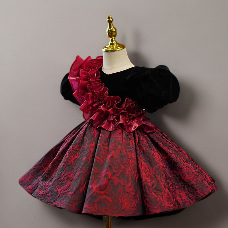 Gothic Black Velvet and Red Rose Brocade Long Sleeve Flower Girl Dress for Wedding – Plus Size