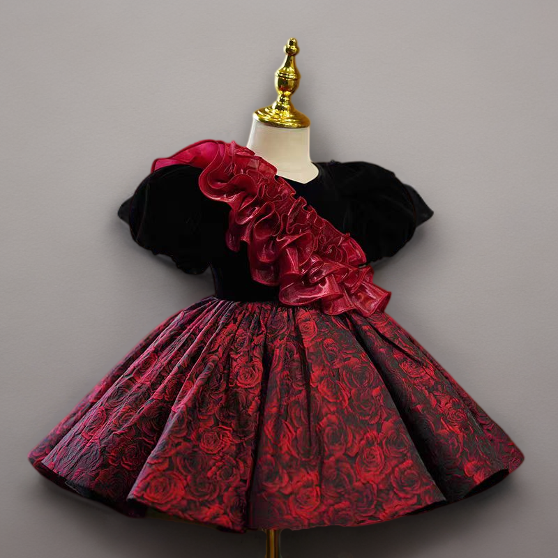 Gothic Black Velvet and Red Rose Brocade Long Sleeve Flower Girl Dress for Wedding – Plus Size