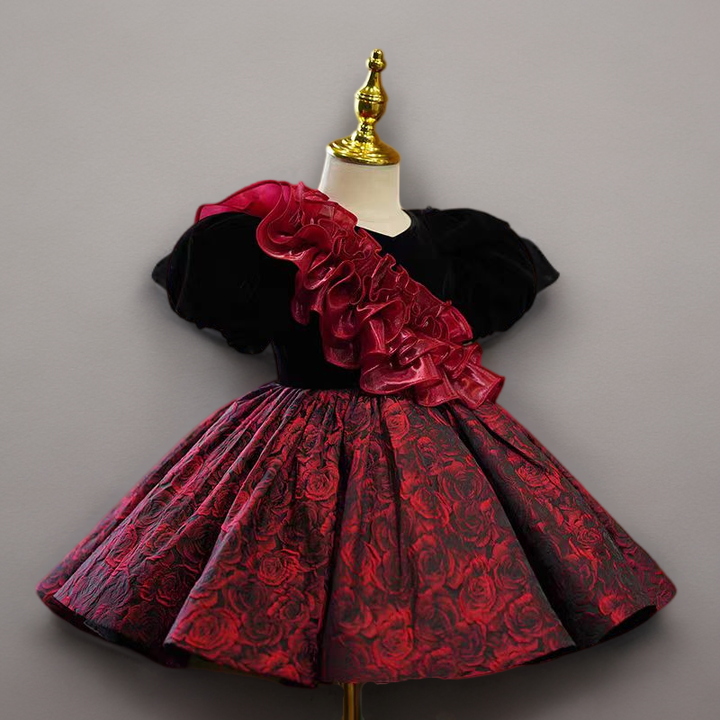 Gothic Black Velvet and Red Rose Brocade Long Sleeve Flower Girl Dress for Wedding – Plus Size