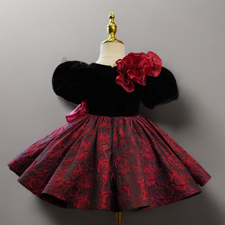 Gothic Black Velvet and Red Rose Brocade Long Sleeve Flower Girl Dress for Wedding – Plus Size