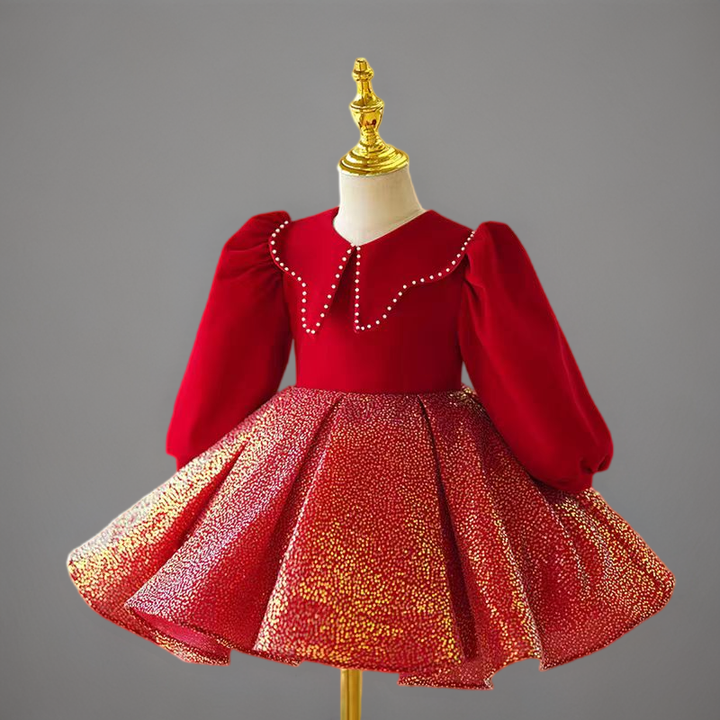 Red Velvet Long Sleeve Flower Girl Dress with Gold Glitter Skirt for Wedding – Plus Size