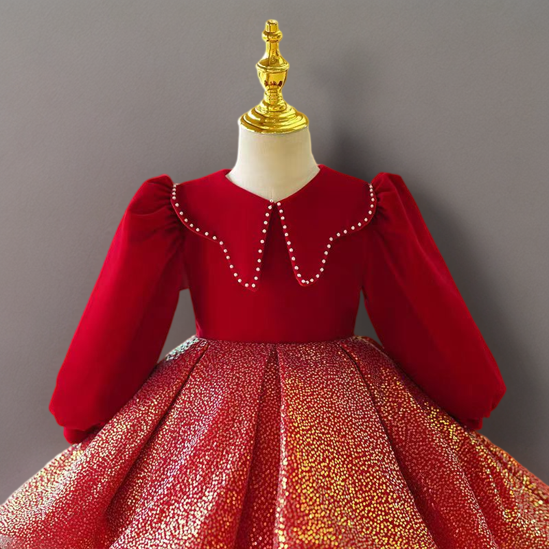 Red Velvet Long Sleeve Flower Girl Dress with Gold Glitter Skirt for Wedding – Plus Size