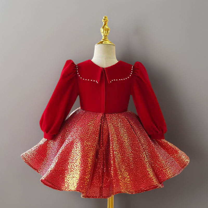 Red Velvet Long Sleeve Flower Girl Dress with Gold Glitter Skirt for Wedding – Plus Size