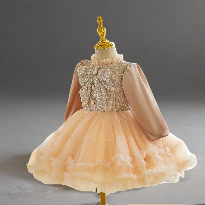 Champagne Long Sleeve Flower Girl Dress with Sequined Bow and Tulle Skirt for Wedding – Plus Size