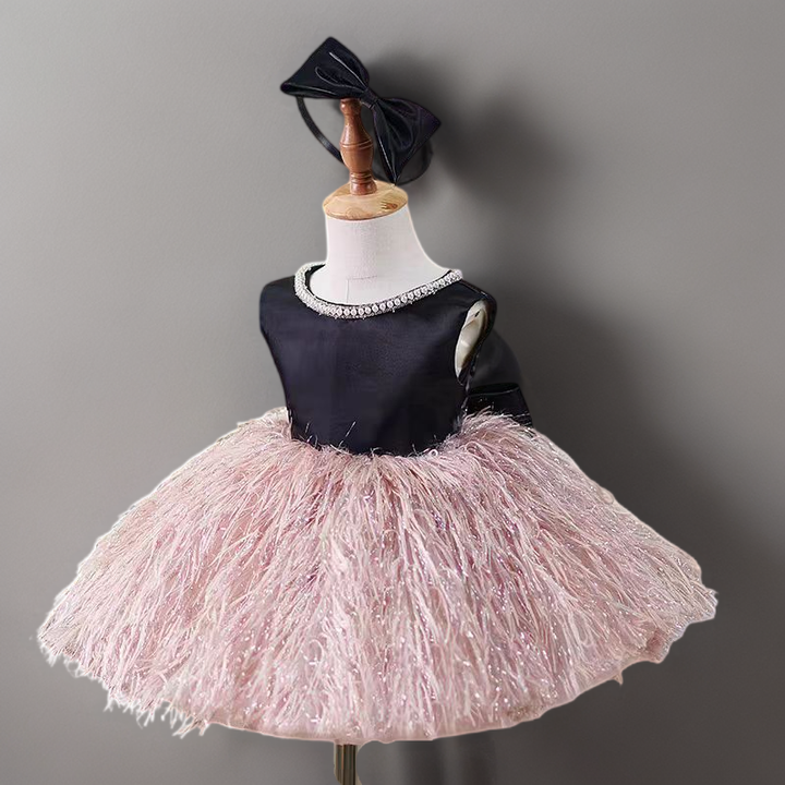 Black and Blush Pink Flower Girl Dress with Bow and Feather Skirt for Wedding – Plus Size