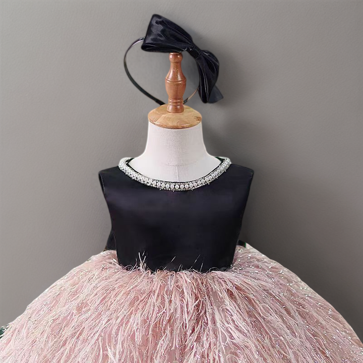 Black and Blush Pink Flower Girl Dress with Bow and Feather Skirt for Wedding – Plus Size