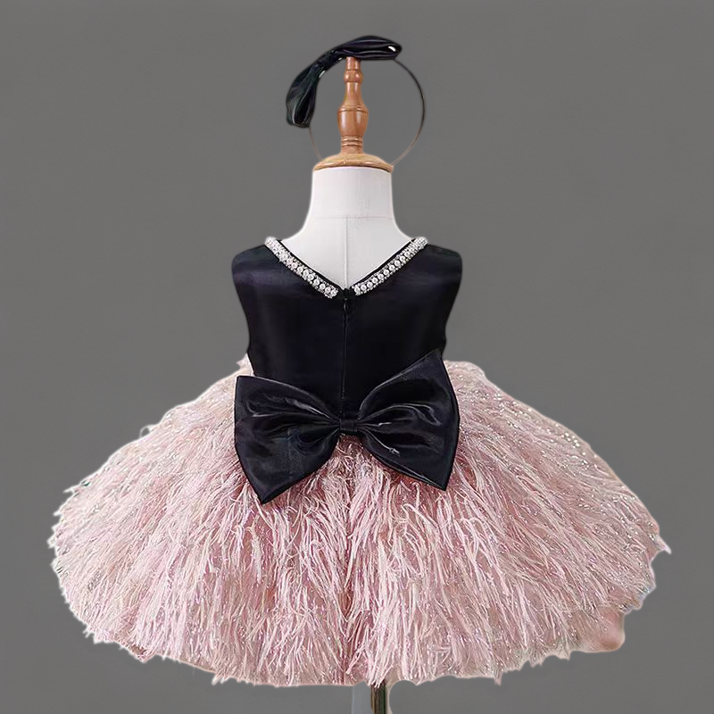 Black and Blush Pink Flower Girl Dress with Bow and Feather Skirt for Wedding – Plus Size