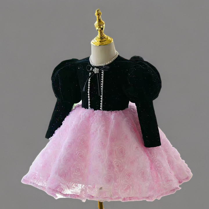 Black and Pink Long Sleeve Flower Girl Dress with Tulle Skirt – Plus Size