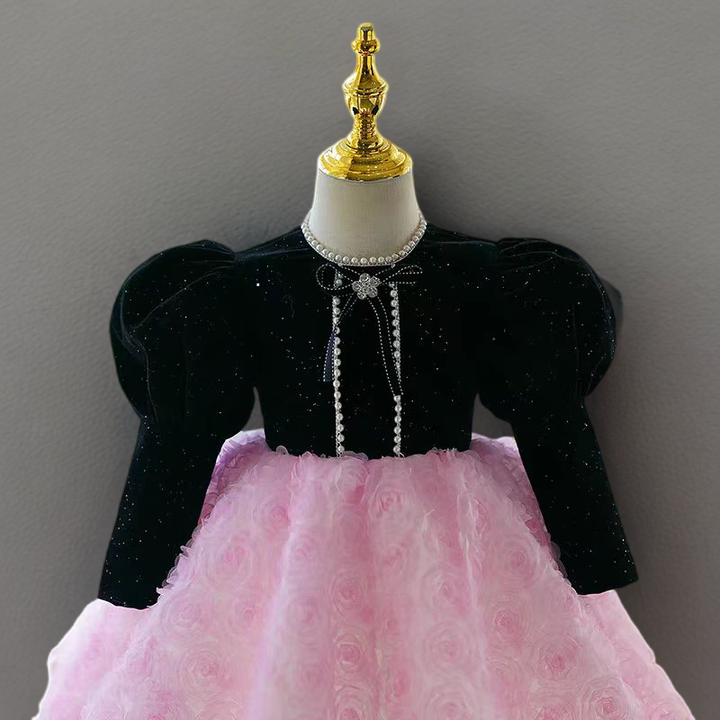 Black and Pink Long Sleeve Flower Girl Dress with Tulle Skirt – Plus Size