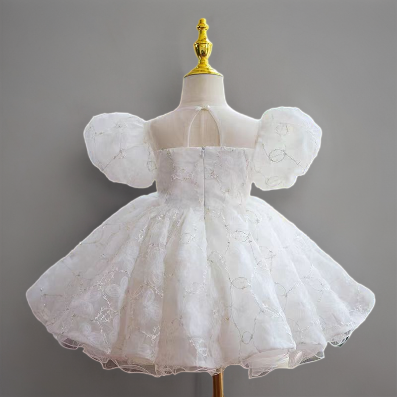 White Lace Flower Girl Dress for Wedding – Puff Sleeve Tulle Plus Size