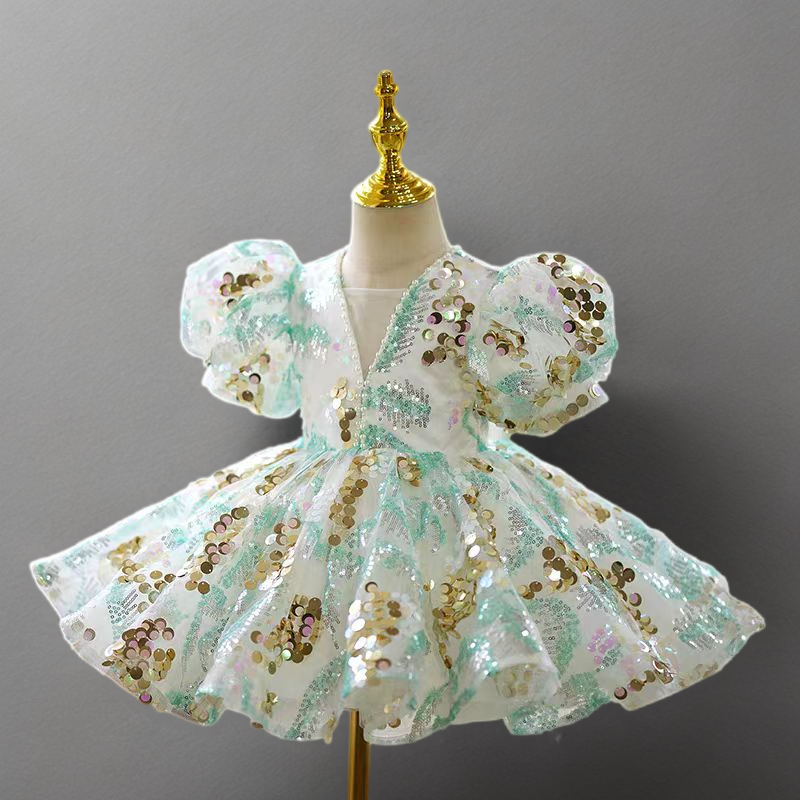 Sequin Tulle Flower Girl Dress with Puff Sleeves in White and Mint – Plus Size