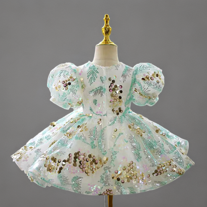 Sequin Tulle Flower Girl Dress with Puff Sleeves in White and Mint – Plus Size