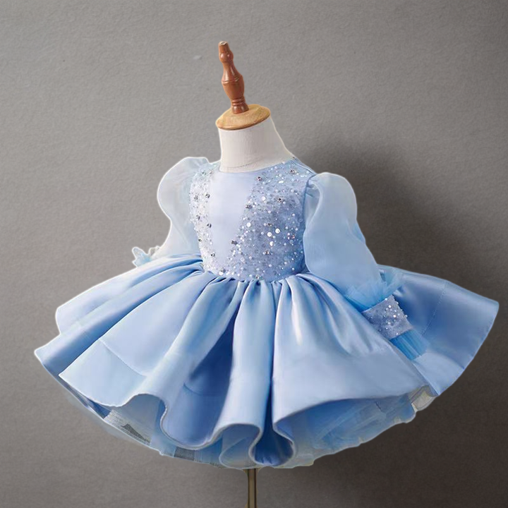 Blue Long Sleeve Tulle Flower Girl Dress with Sequin Bodice – Plus Size