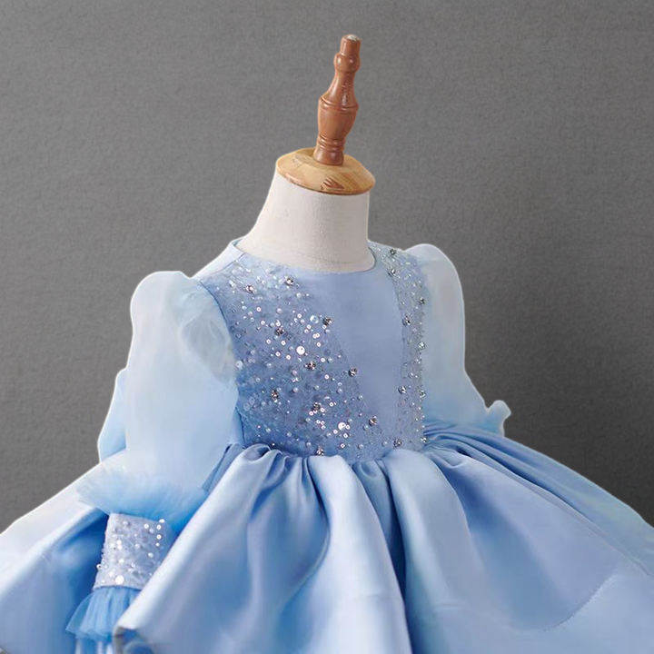 Blue Long Sleeve Tulle Flower Girl Dress with Sequin Bodice – Plus Size