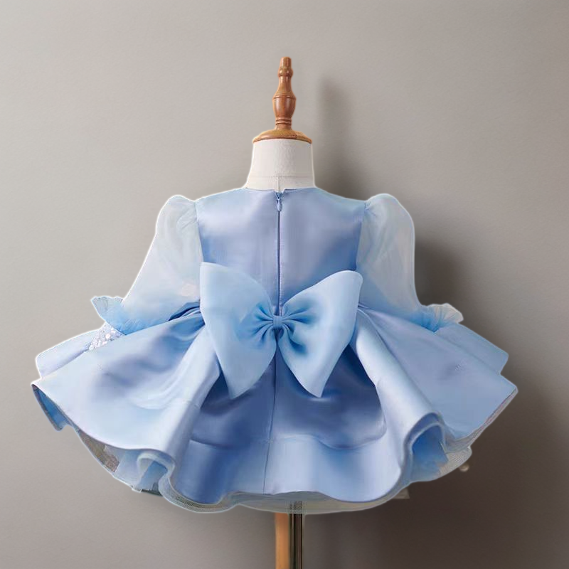 Blue Long Sleeve Tulle Flower Girl Dress with Sequin Bodice – Plus Size