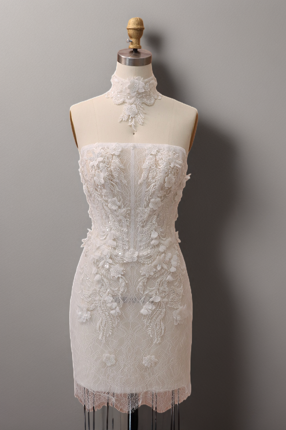 White Strapless Floral Lace Mini Wedding Dress with Embroidered Appliqués - Plus Size-Winona