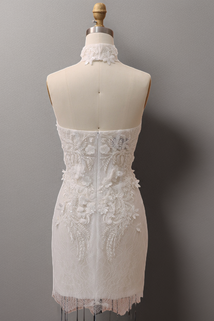 White Strapless Floral Lace Mini Wedding Dress with Embroidered Appliqués - Plus Size-Winona