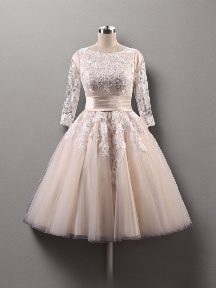 Retro 50s Modest Tea Length Short Lace Wedding Dress