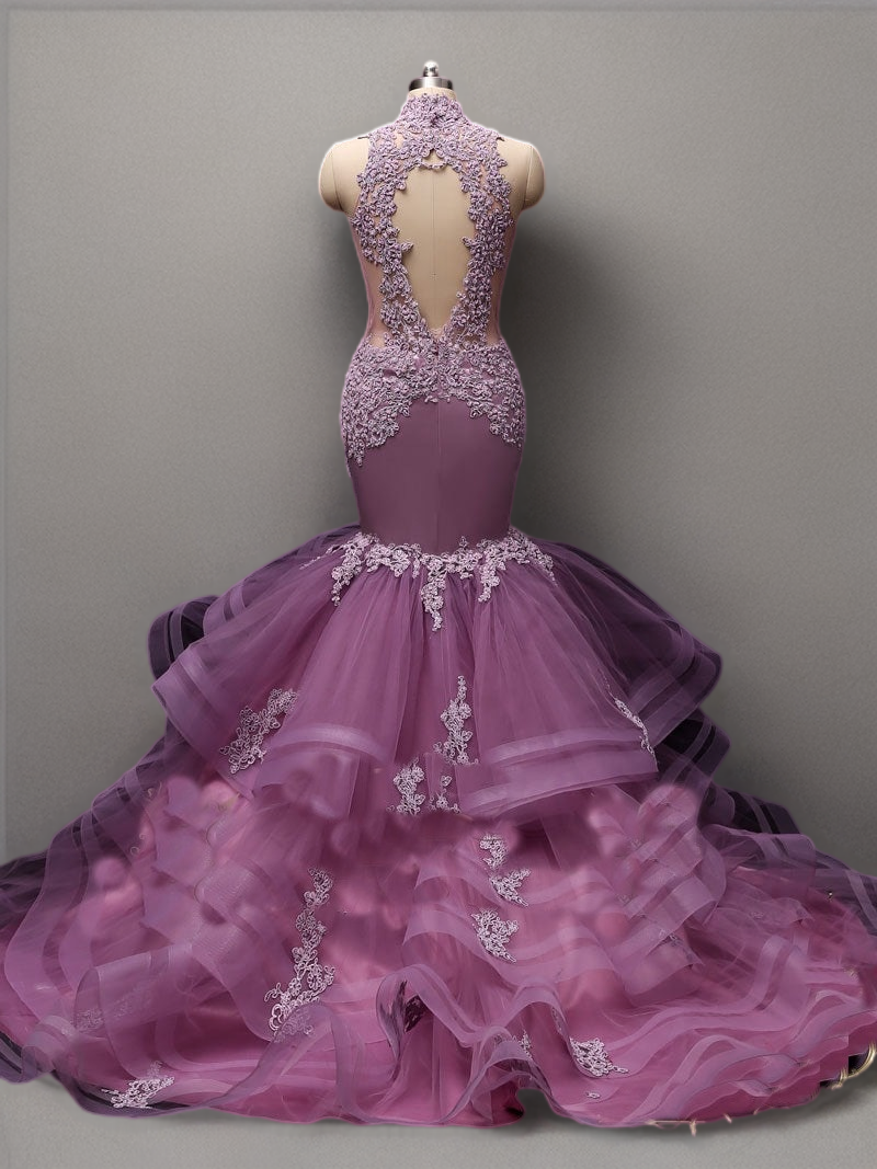 Lavender Purple Lace Mermaid Gothic Wedding Dress High Neck Halter Lace Wedding Dress with Open Back Plus Size