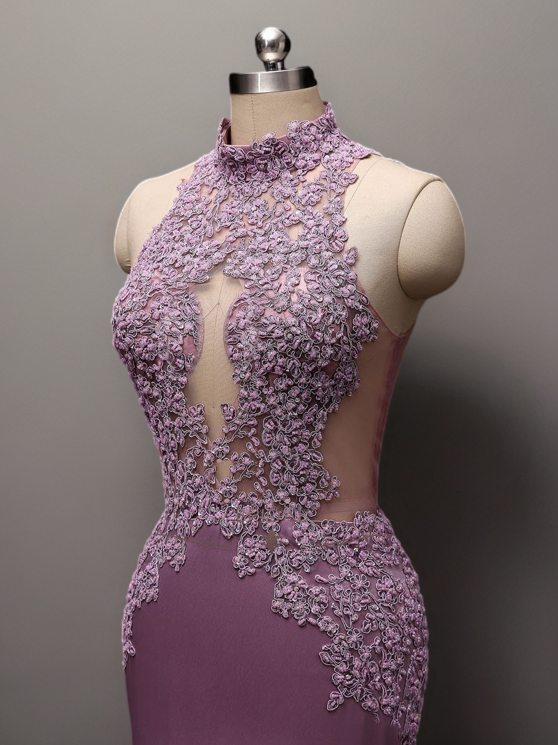 Lavender Purple Lace Mermaid Gothic Wedding Dress - High Neck Halter Lace Wedding Dress with Open Back Plus Size Custom Made / Purple Lavender Purple Lace Mermaid Gothic Wedding Dress - High Neck Halter Lace Wedding Dress with Open Back Plus Size Custom Made / Purple