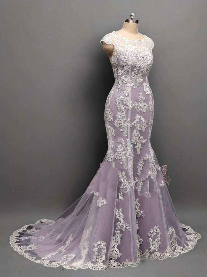 Lavender Purple Lace Tulle Mermaid Wedding Gown with Cap Sleeves - Illusion Neckline Bridal Gown with Tulle Train Plus Size