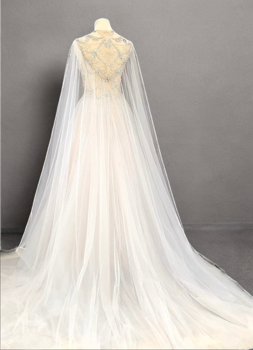 Fairy Tulle Wedding Dress With Cape - White Beaded Ball Gown With Embellished  Plus Size