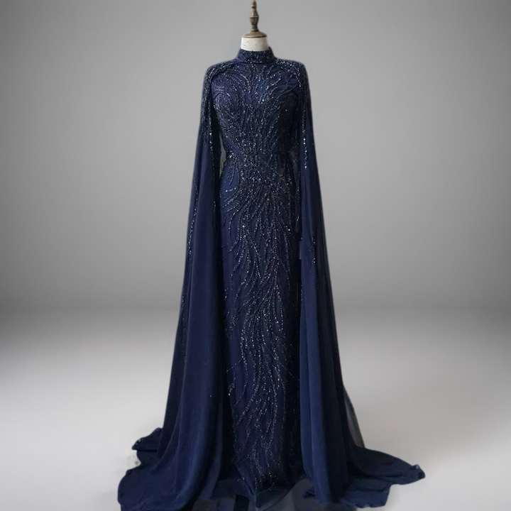 Navy High Neck Sequin Evening Gown with Cape – Sparkly Maxi Dress with Beaded Detail and Flowing Train Plus Size