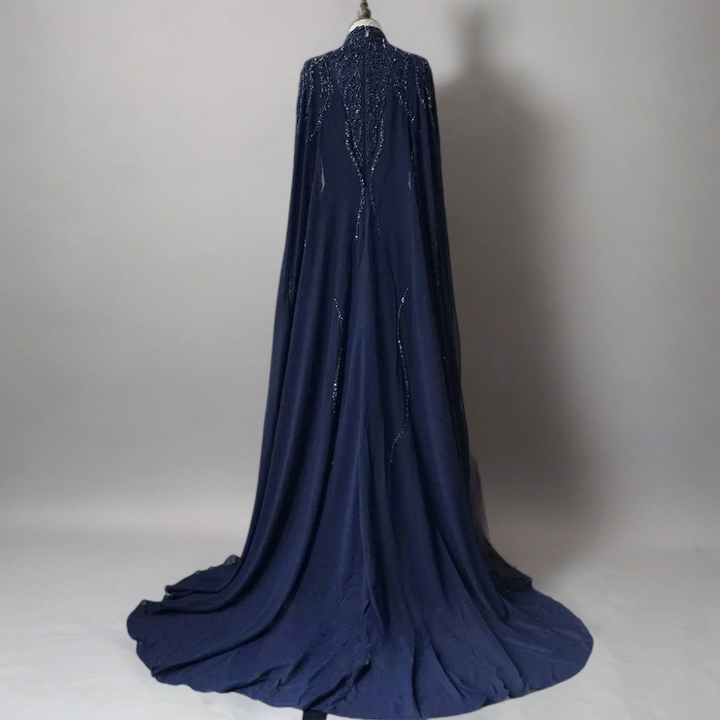 Navy High Neck Sequin Evening Gown with Cape – Sparkly Maxi Dress with Beaded Detail and Flowing Train Plus Size