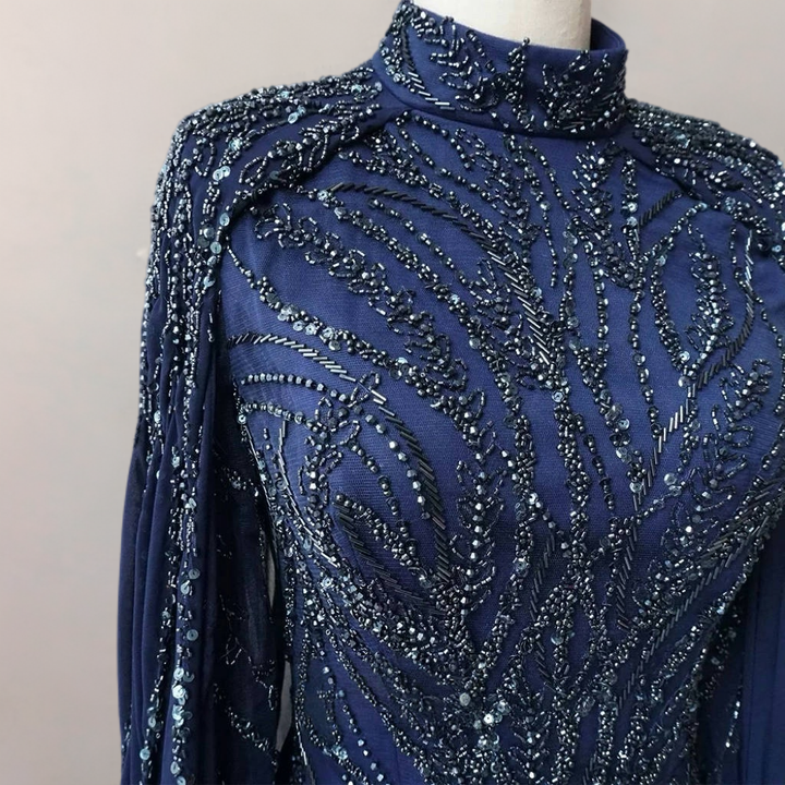 Navy High Neck Sequin Evening Gown with Cape – Sparkly Maxi Dress with Beaded Detail and Flowing Train Plus Size