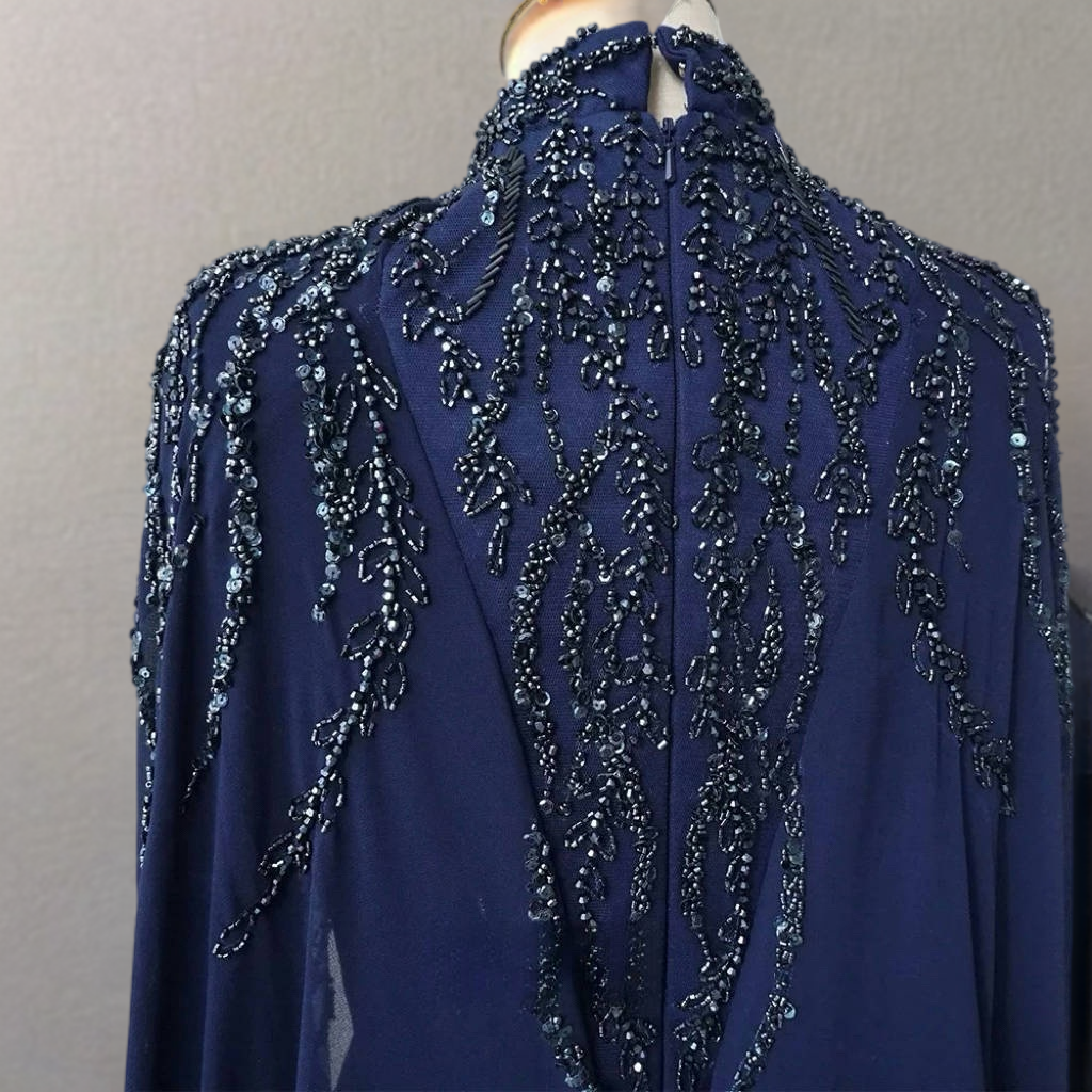 Navy High Neck Sequin Evening Gown with Cape – Sparkly Maxi Dress with Beaded Detail and Flowing Train Plus Size