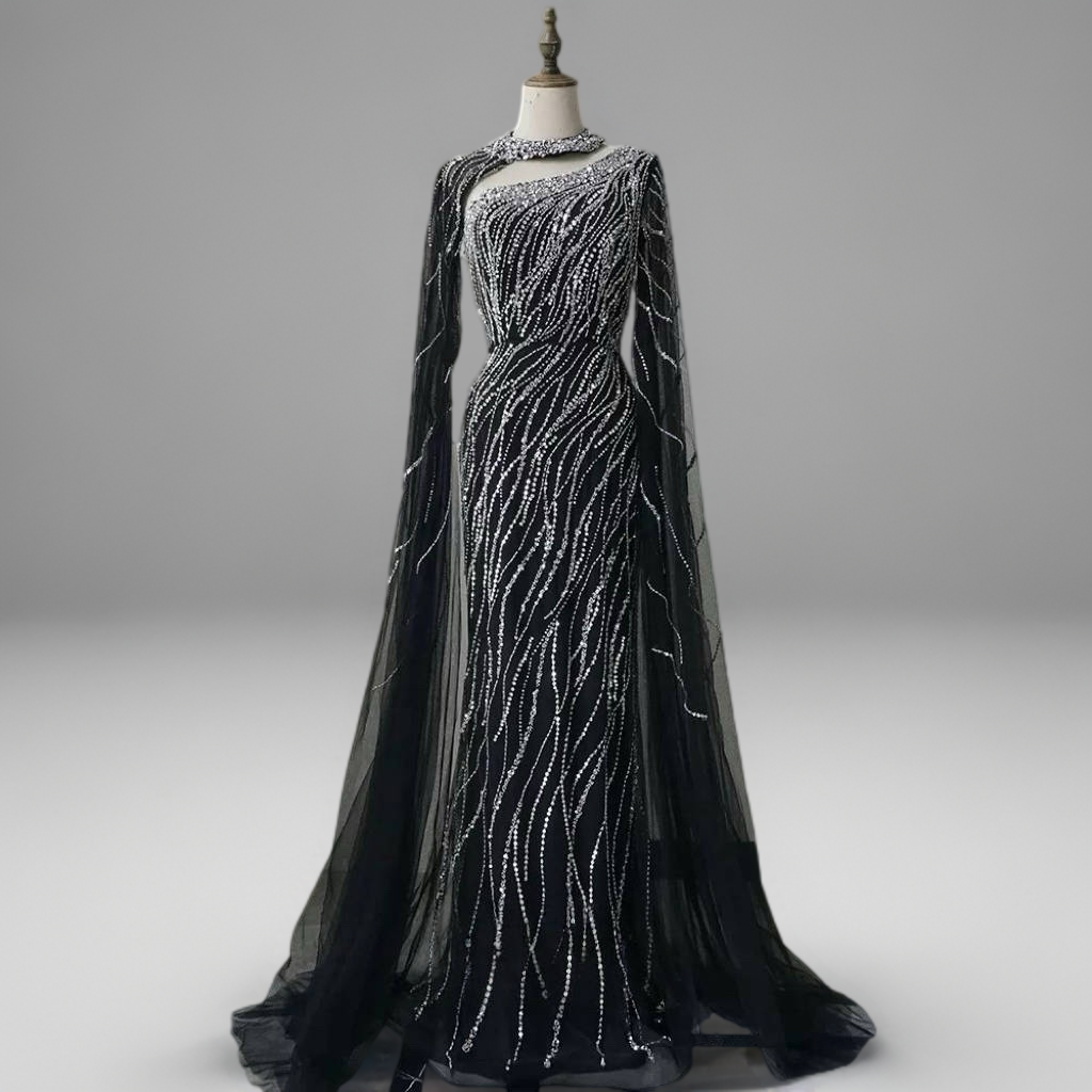 Navy One-Shoulder Sequin Evening Gown with Tulle Cape – Sparkly Maxi Dress with High Neck and Train Plus Size
