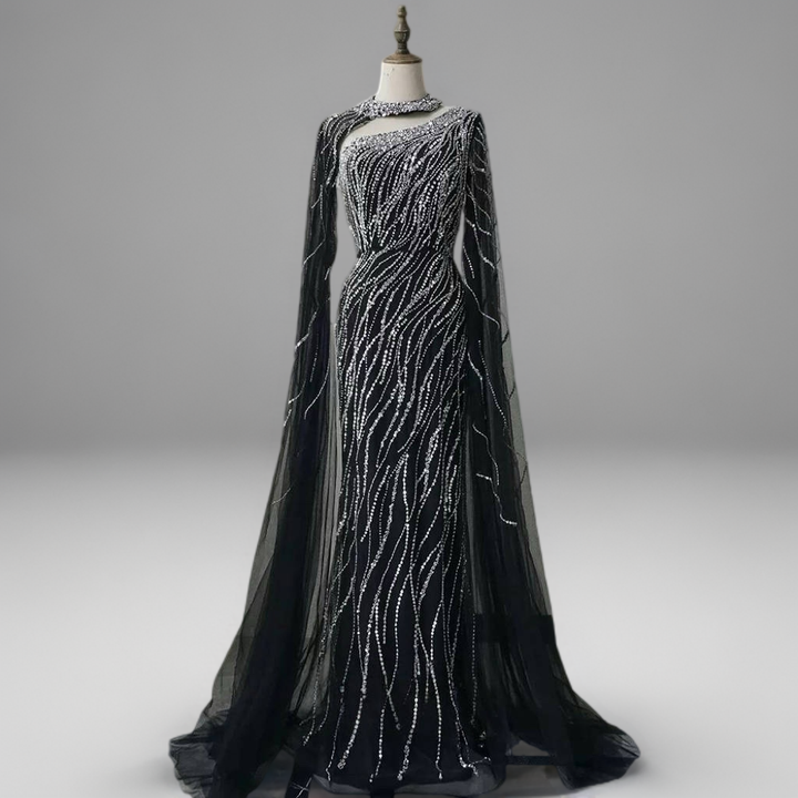 Navy One-Shoulder Sequin Evening Gown with Tulle Cape – Sparkly Maxi Dress with High Neck and Train Plus Size