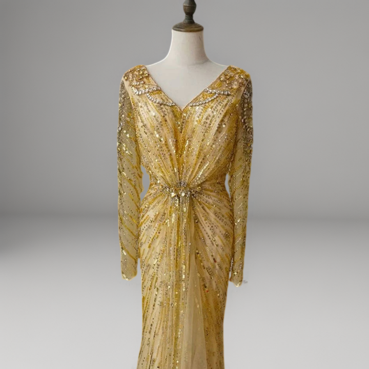 Gold Glitter Maxi l Dress with Long Sleeves – Sequin Evening Gown with Knot Waist Detail Plus Size
