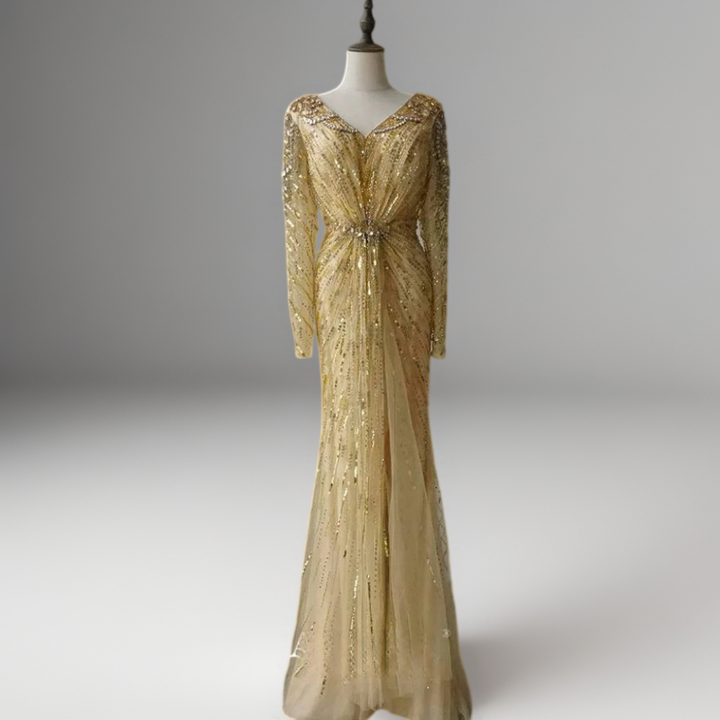 Gold Glitter Maxi l Dress with Long Sleeves – Sequin Evening Gown with Knot Waist Detail Plus Size