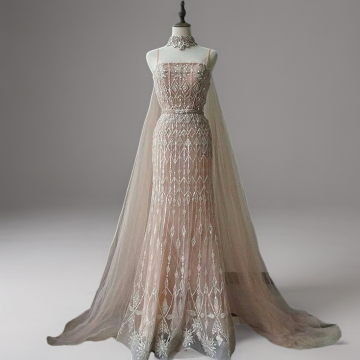 Nude Sequin Evening Gown with Cape – Sparkly Maxi Dress with Beaded Bodice and Tulle Train Plus Size