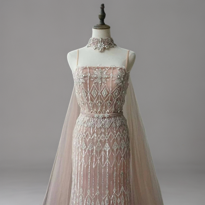 Nude Sequin Evening Gown with Cape – Sparkly Maxi Dress with Beaded Bodice and Tulle Train Plus Size