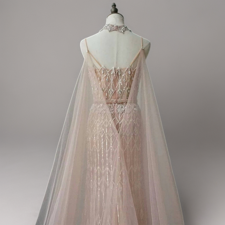Nude Sequin Evening Gown with Cape – Sparkly Maxi Dress with Beaded Bodice and Tulle Train Plus Size