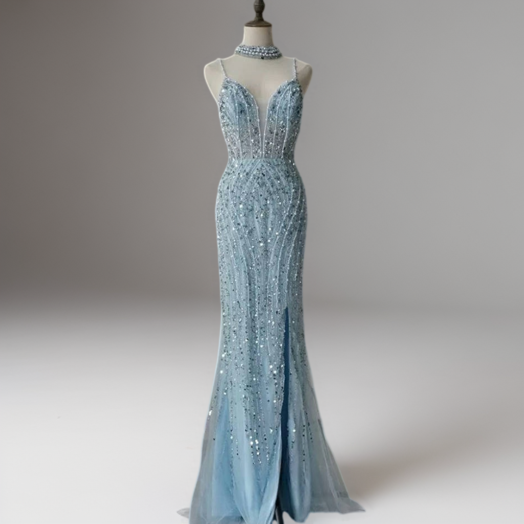 Champagne Glitter Sequin Evening Gown – Sparkly Maxi Dress with Slit and Thin Straps Plus Size