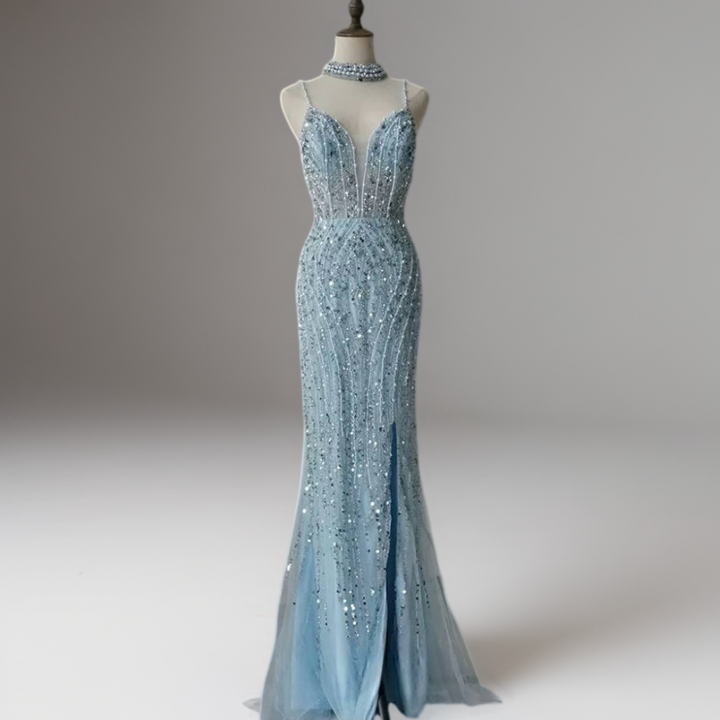 Champagne Glitter Sequin Evening Gown – Sparkly Maxi Dress with Slit and Thin Straps Plus Size