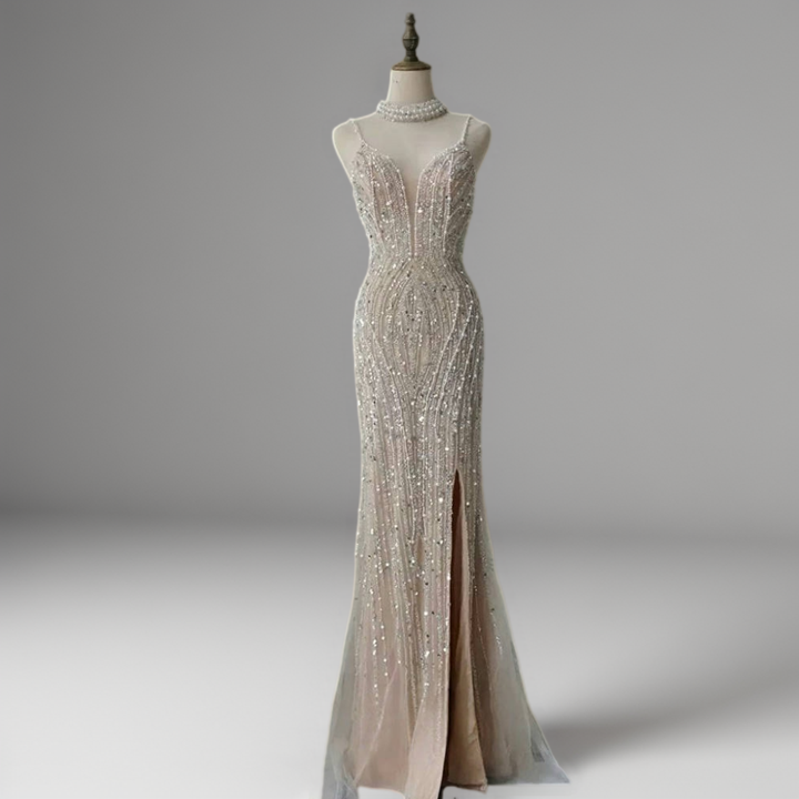 Champagne Glitter Sequin Evening Gown – Sparkly Maxi Dress with Slit and Thin Straps Plus Size