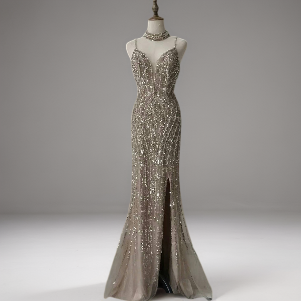 Champagne Glitter Sequin Evening Gown – Sparkly Maxi Dress with Slit and Thin Straps Plus Size