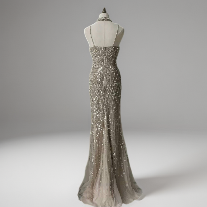 Champagne Glitter Sequin Evening Gown – Sparkly Maxi Dress with Slit and Thin Straps Plus Size