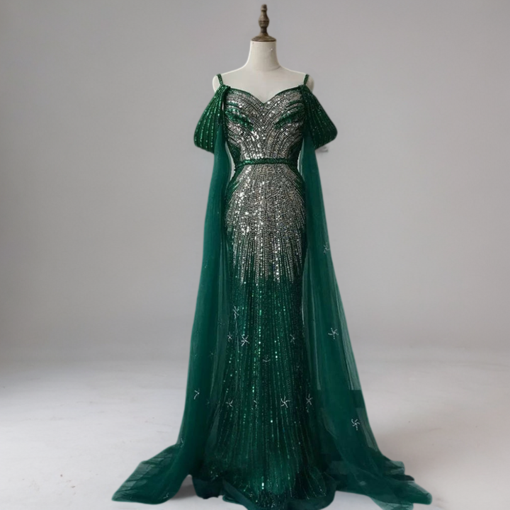 Green Sequin Evening Gown with Pleated Sleeves – Sparkly Maxi Dress with Tulle Train Plus Size