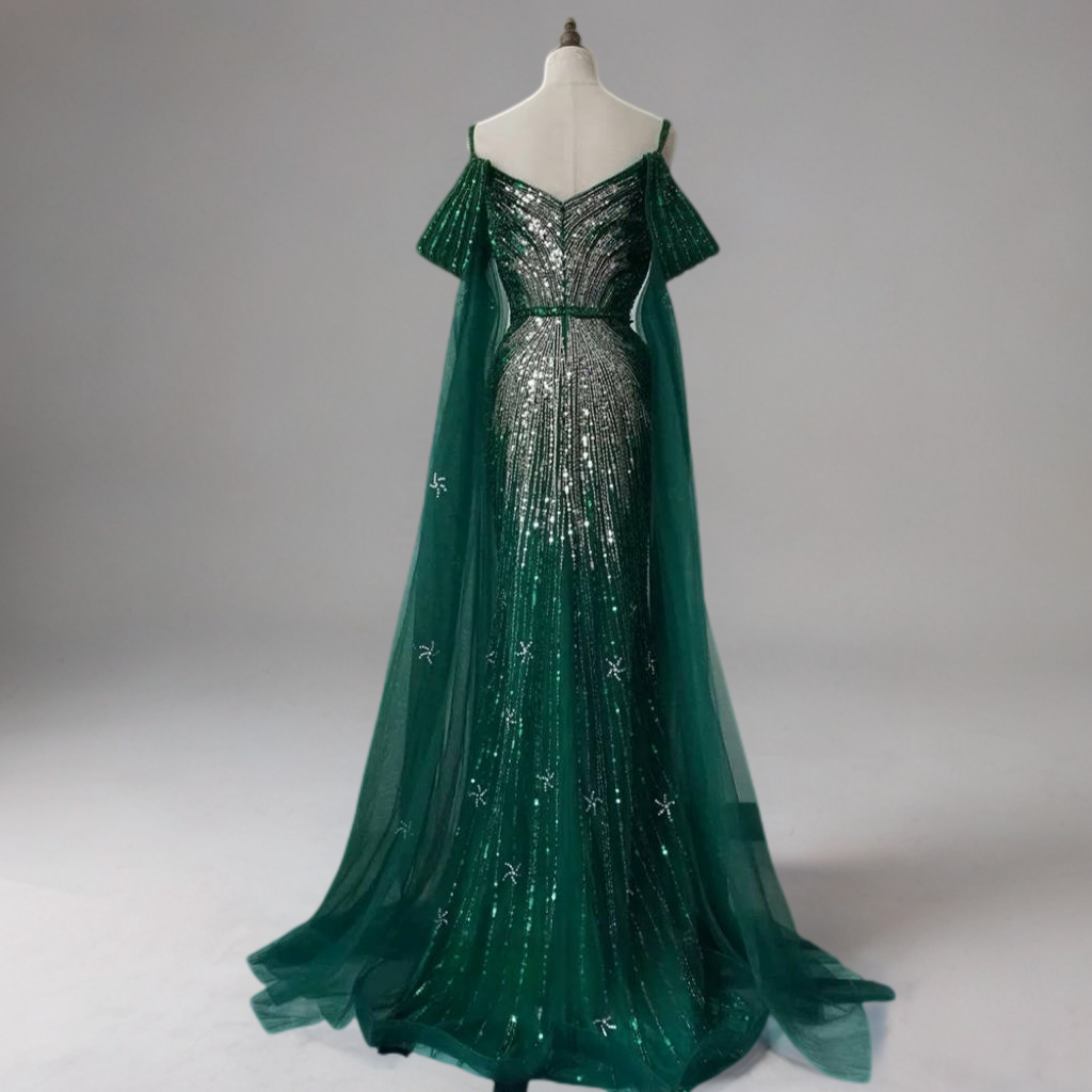 Green Sequin Evening Gown with Pleated Sleeves – Sparkly Maxi Dress with Tulle Train Plus Size