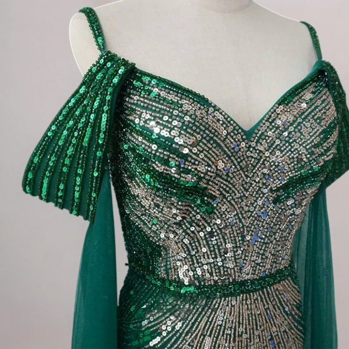 Green Sequin Evening Gown with Pleated Sleeves – Sparkly Maxi Dress with Tulle Train Plus Size