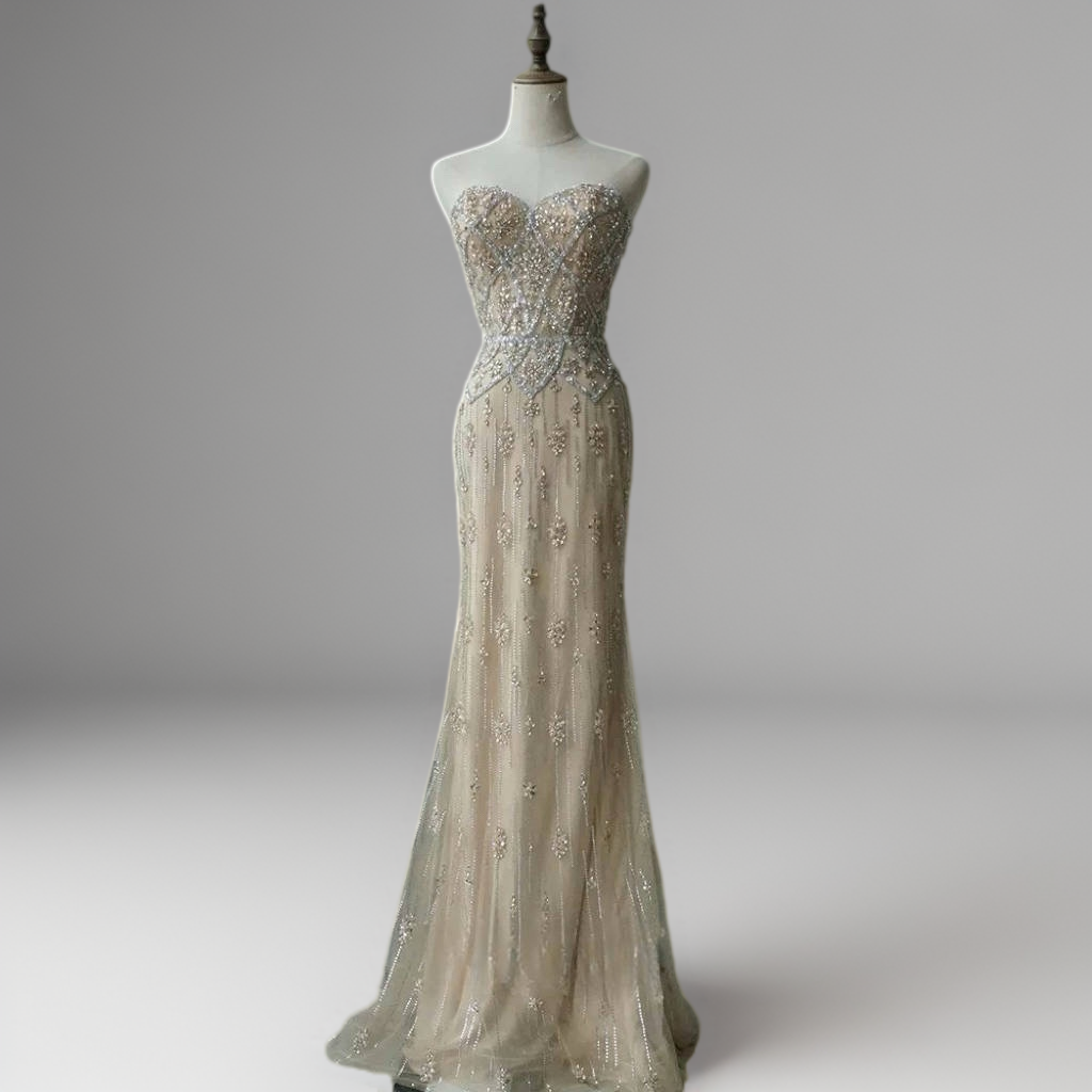 Nude Convertible Evening Dress - Sequin Evening Gown with Cape – Strapless Glitter Dress with Illusion Neckline Plus Size