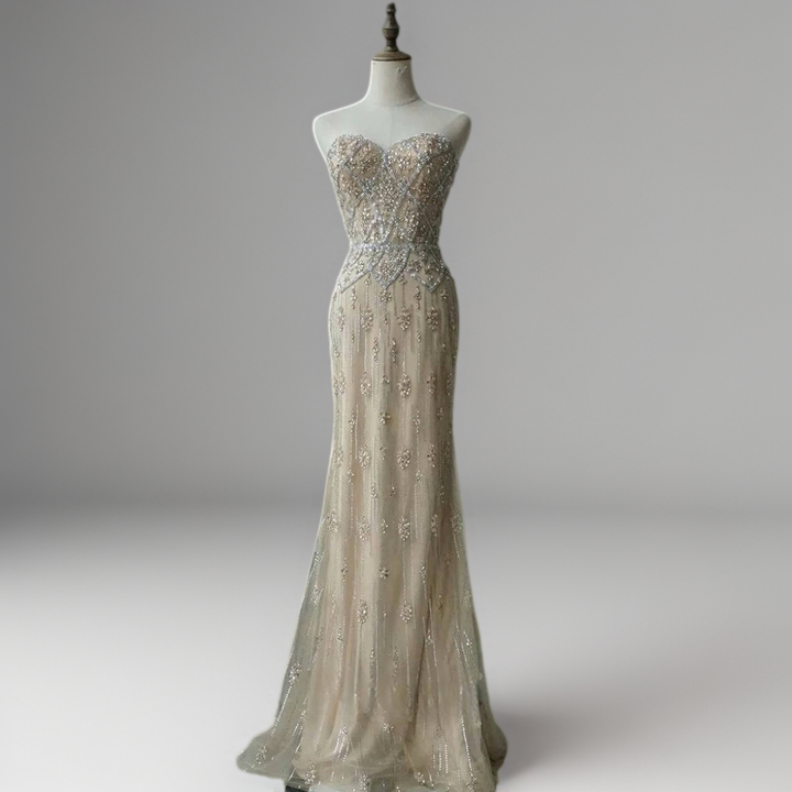 Nude Convertible Evening Dress - Sequin Evening Gown with Cape – Strapless Glitter Dress with Illusion Neckline Plus Size