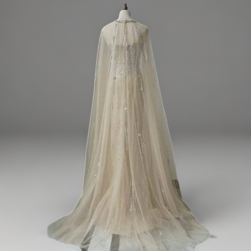 Nude Convertible Evening Dress - Sequin Evening Gown with Cape Strapless Glitter Dress with Illusion Neckline Plus Size Size 8 / Nude Nude Convertible Evening Dress - Sequin Evening Gown with Cape Strapless Glitter Dress with Illusion Neckline Plus Size Size 8 / Nude